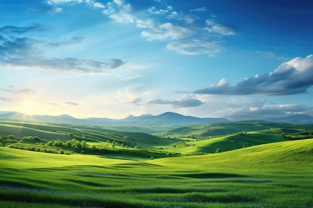 日の出の緑の丘と青空の美しい夏の野原の風景生成 AI