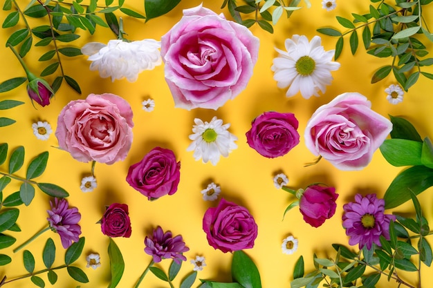 beautiful summer flowers. Pink roses and white daisies top view.