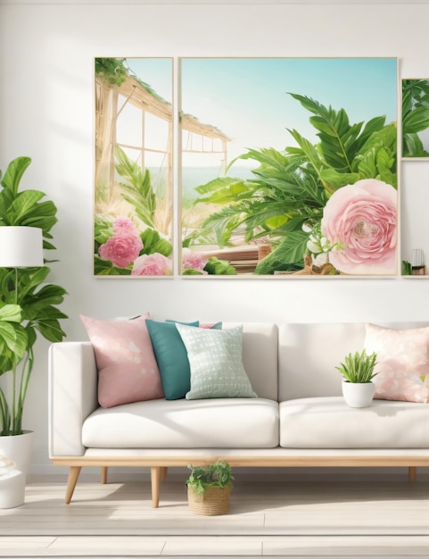 A beautiful summer interior with wall photo frame