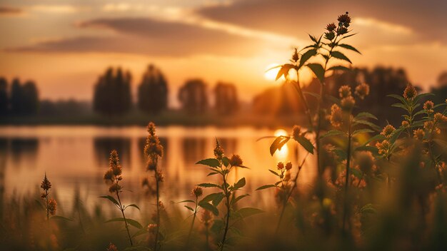 Beautiful summer lake landscape Lake forest at sunset