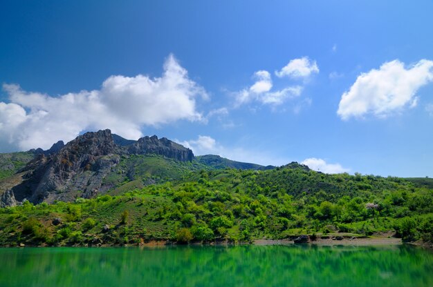 Beautiful summer landscape, lake with azure colored water located among the rocky mountains