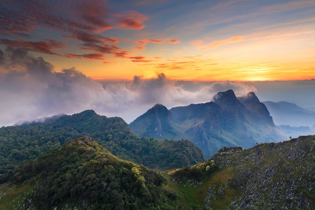 Beautiful summer landscape in the mountain with the sun at dawn