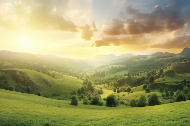 Beautiful summer landscape in the mountains Sunrise over the meadow