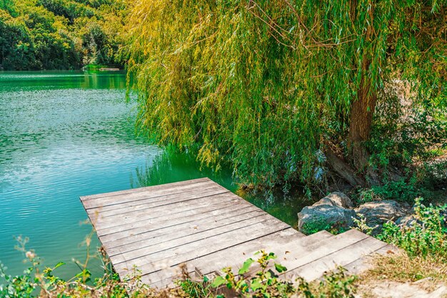 Beautiful summer landscape in the mountains with an azure lake by forest and a wooden pier