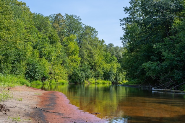 Beautiful summer landscape of the Small Cheremshan river with forest banks grass and current