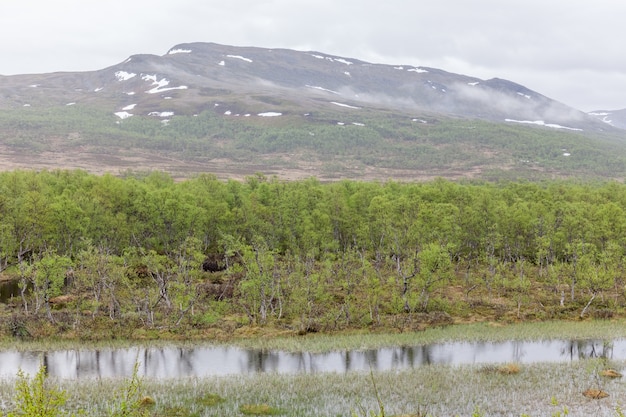 Beautiful summer landscape view of a snow covered mountain peak far up in northern Sweden, almost at the border into Norway. With soft fluffy white clouds