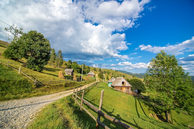 Beautiful summer landscape of village among Karpaty mountains.