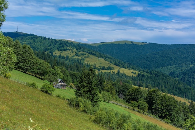 Beautiful summer landscape of village among Karpaty mountains.