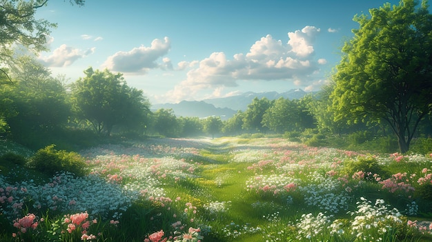Photo beautiful summer landscape with blooming meadow and blue sky