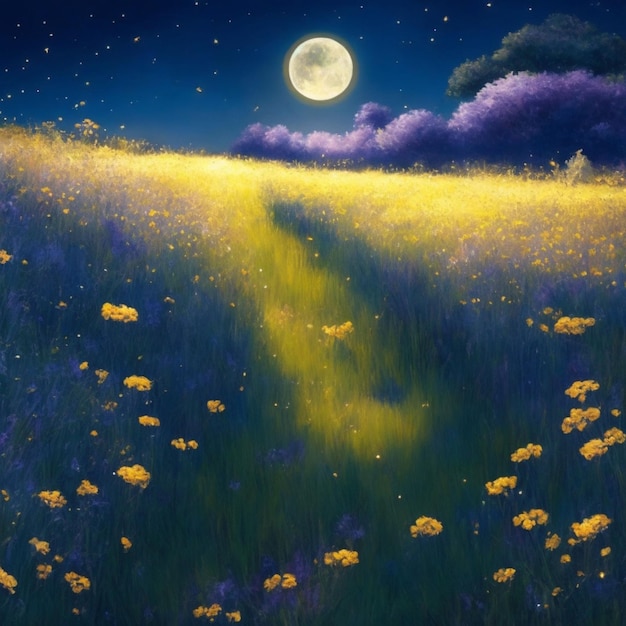보름달과 꽃이 있는 아름다운 여름 풍경 디지털 페인팅