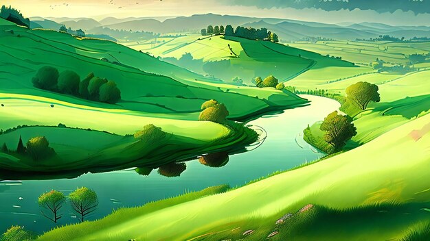 Beautiful summer landscape with green hills and river Vector illustration