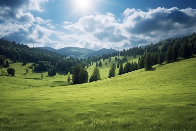 丘の中腹に緑の牧草地と森のある美しい夏の風景