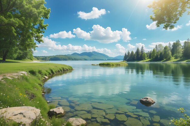 Beautiful summer landscape with lake and blue sky nature background