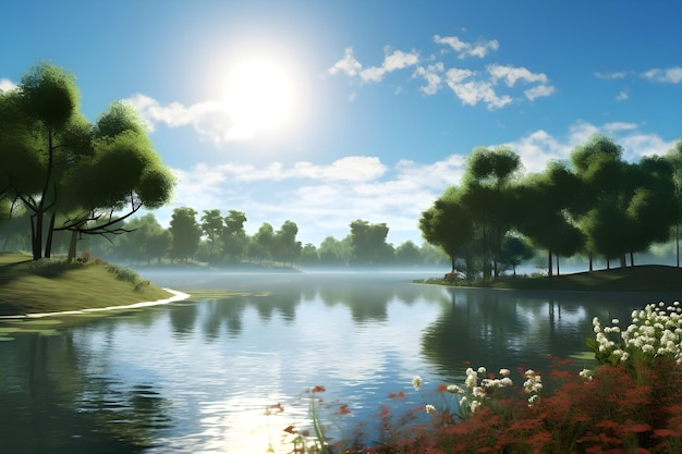 Beautiful summer landscape with a lake and trees 3d render