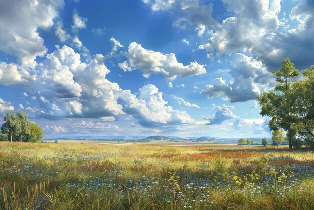 A beautiful summer landscape with a large tree in the foreground and a hill in the distance