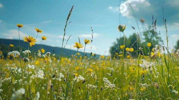A beautiful summer landscape with a meadow full of yellow and white wildflowers The sky is blue with a few white clouds