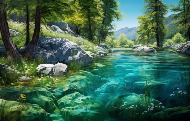 Photo beautiful summer landscape with mountain river and forest digital painting