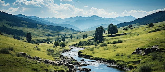 Beautiful summer landscape with mountain river Panoramic view