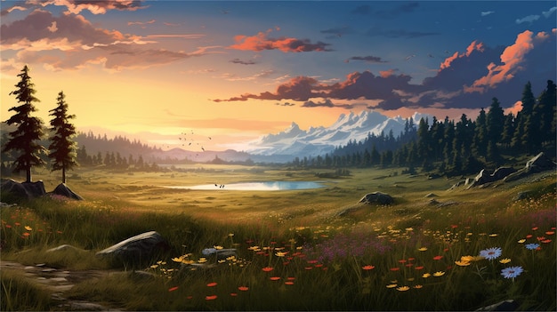 Beautiful summer landscape with mountains and meadow Vector illustration