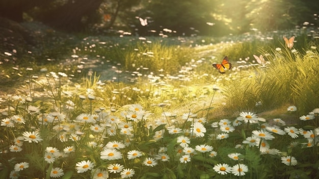 Beautiful summer landscape with sunbeams and white daisiesgenerative ai