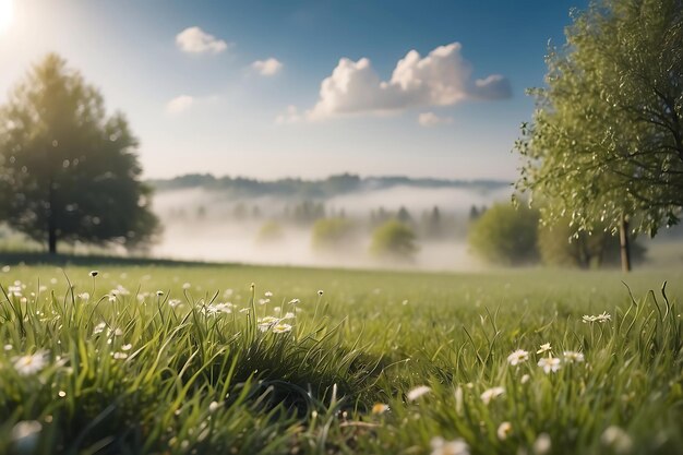 Beautiful summer landscape with trees and foggy meadow at sunrise with cloudy sky