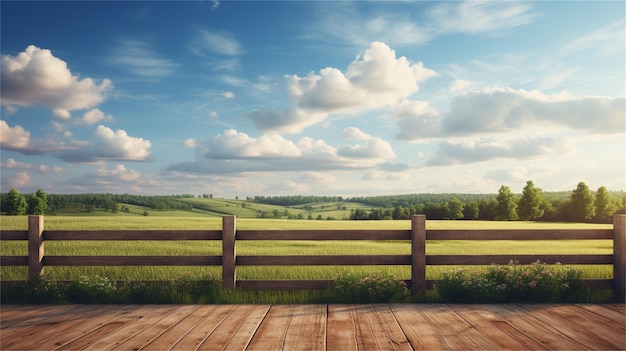 Фото Красивый летний пейзаж с деревянным забором и голубым небом с белыми облаками