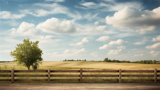 Photo beautiful summer landscape with wooden fence and blue sky with white clouds