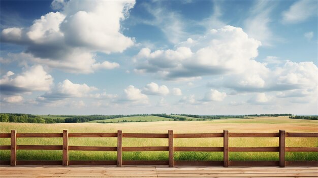 Foto bel paesaggio estivo con recinzione di legno e cielo blu con nuvole bianche