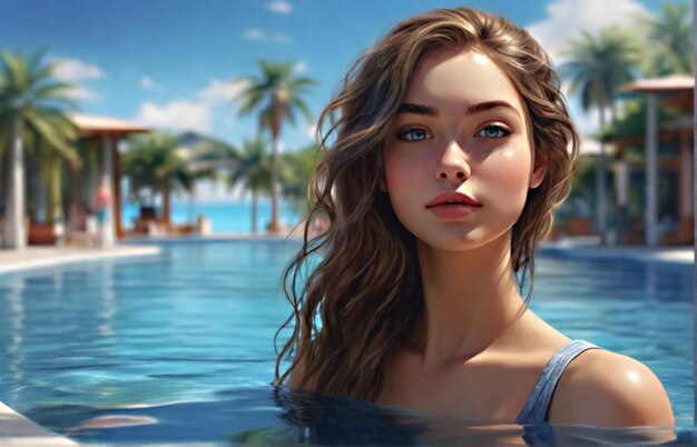 Beautiful summer model girl posing in swimming pool