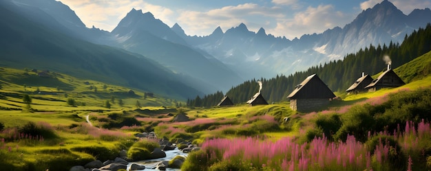 Beautiful summer morning in the mountains Hala Gasienicowa valley in Poland Tatras