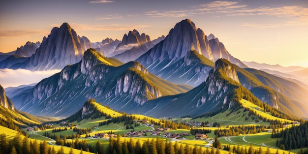 Beautiful summer mountain landscape at sunset Illustration with mountains fog hills trees sky with clouds and setting sun Green valley with forests groves small houses and roads Generative AI