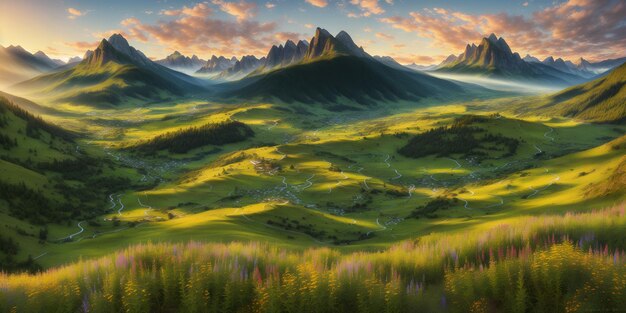 Photo beautiful summer mountain landscape at sunset illustration with mountains trees flowers sky with clouds and setting sun green valley with forests groves and small streams generative ai