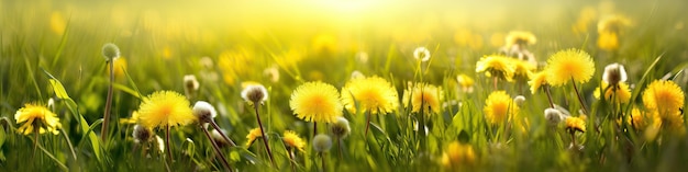 Beautiful summer natural background with yellow dandelion flowers in grass against of dawn morning ultrawide panoramic landscape banner format