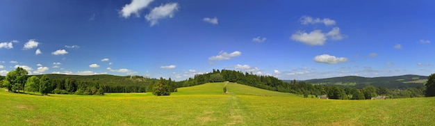 화창한 날 Highlands Czech Republic에 숲과 푸른 하늘이 있는 자연 초원이 있는 아름다운 여름 파노라마 풍경