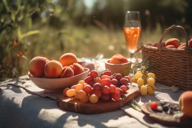 Красивый летний пикник с фруктами и вином, созданный искусственным интеллектом