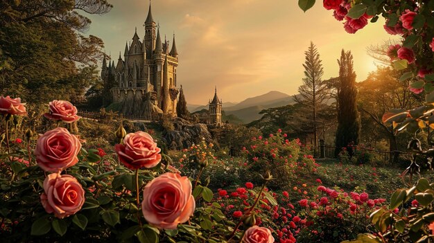 beautiful summer scene in wonderland with succulent plants and old castle Generative Ai