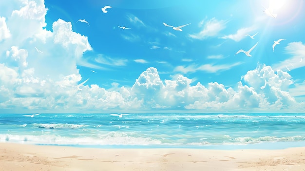 Beautiful summer seascape with blue sky white clouds and flying seagulls