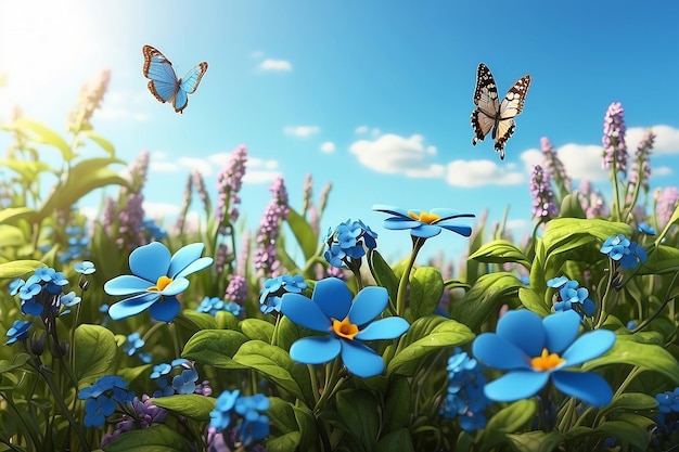 Foto bellissimo prato estivo o primaverile con fiori blu di forgetmenots e due farfalle volanti