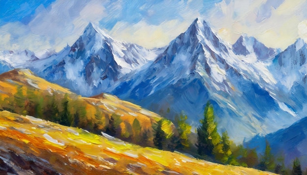Beautiful summer or spring scenery with mountains Natural landscape Oil painting