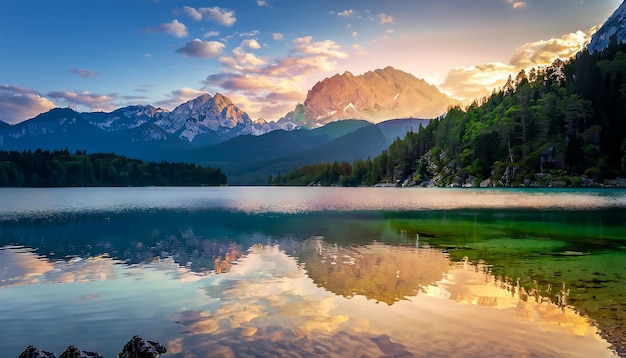 Beautiful summer sunrise over Eibsee Lake with the Zugspitze mountain range in the background