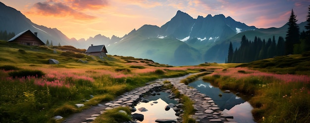 Beautiful summer sunrise in the mountains Hala Gasienicowa in Poland Tatras