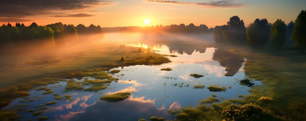 Beautiful summer sunrise over the river covered with morning fog