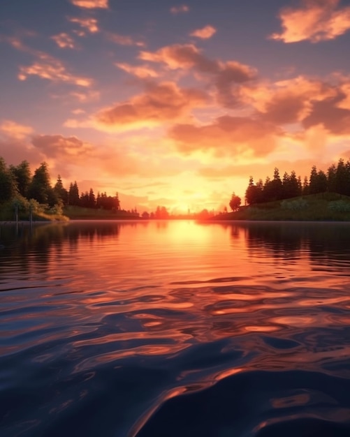 Beautiful summer sunset in the lake or river Generative AI