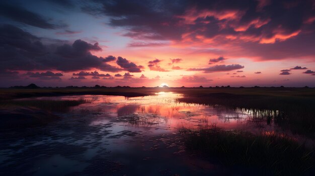 湖に沈む美しい夏の夕日