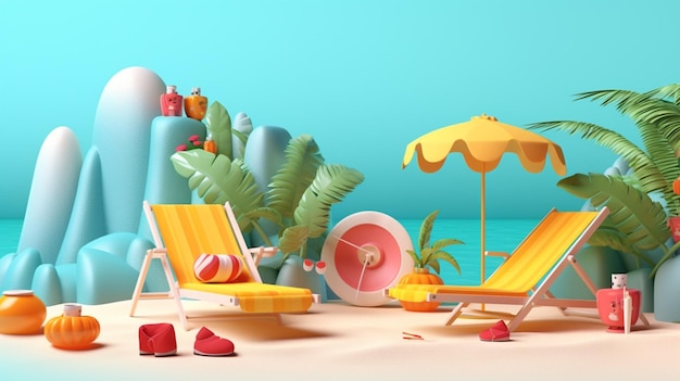 Beautiful summer tropical beach 3d concept cute colorful background