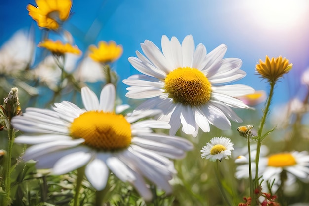 A beautiful sundrenched spring summer meadow Natural colorful panoramic landscape with many wild