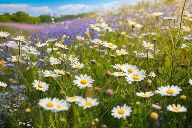 A beautiful sundrenched spring summer meadow Natural colorful panoramic landscape with many wild