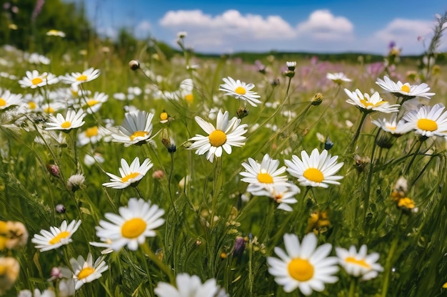 A beautiful sundrenched spring summer meadow Natural colorful panoramic landscape with many wild