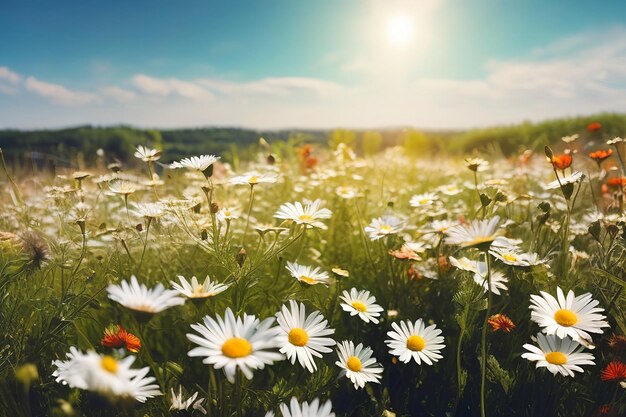 A beautiful sundrenched spring summer meadow natural colorful panoramic landscape with many wild