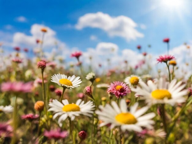 A beautiful sundrenched spring summer meadow Natural colorful panoramic landscape with many wild